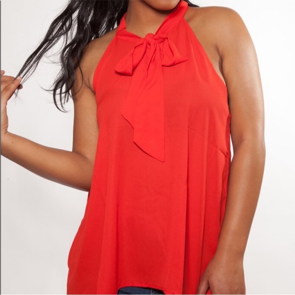 Timing Bright Red Semi-Sheer Bow Tie Neck Tank - Size Small